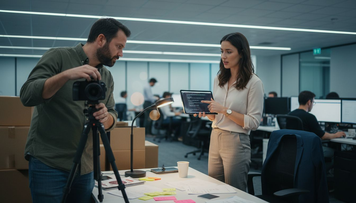 Videographer recording product demo in tech office