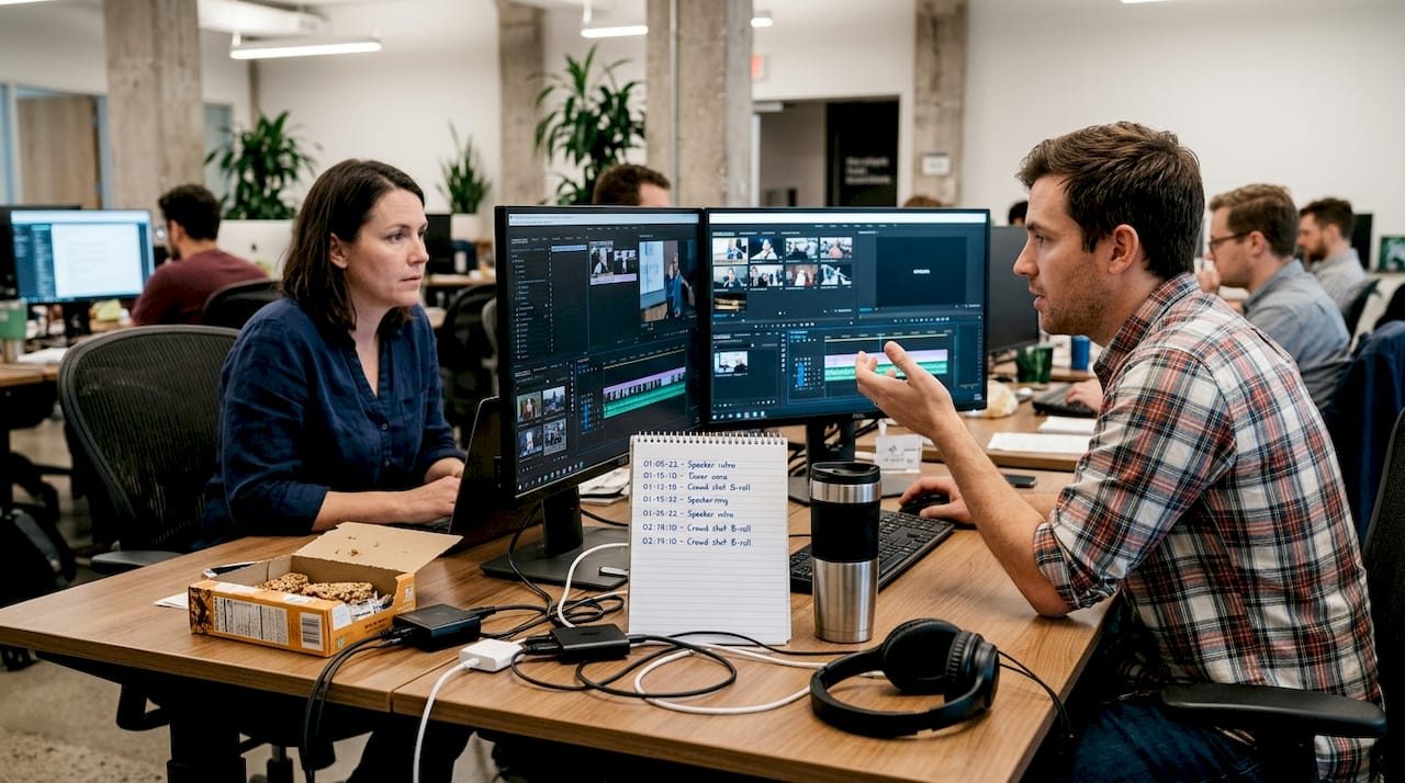 Team edits video clips at cluttered shared desk