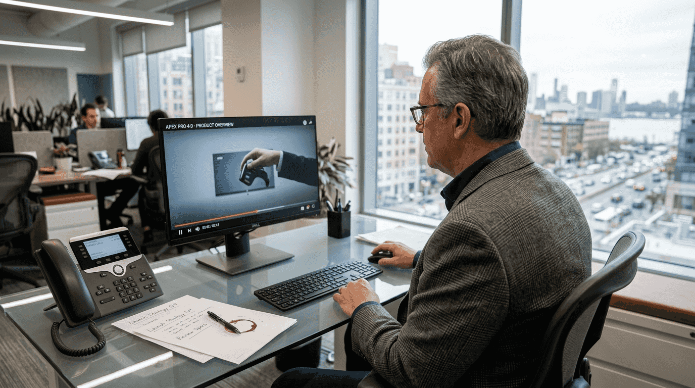 Executive viewing product demo video at desk