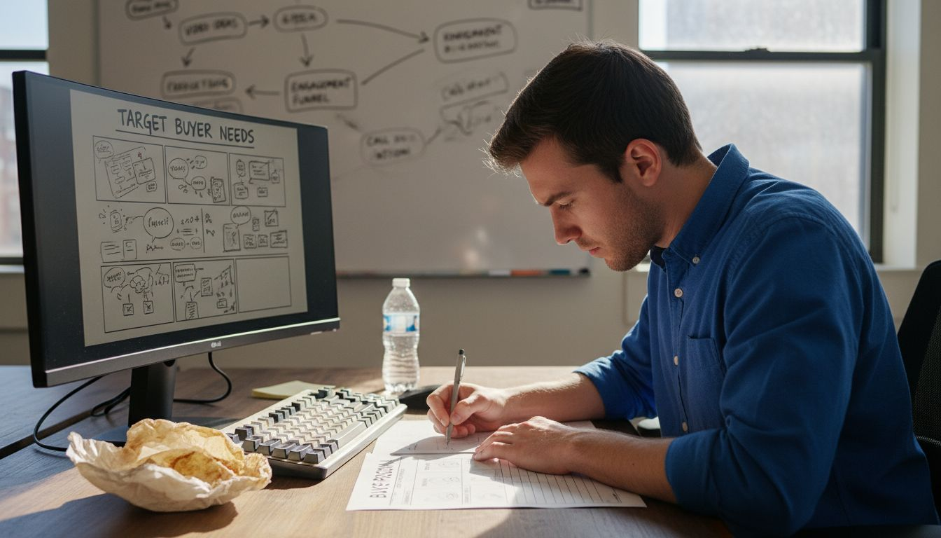 Marketer planning B2B video content at desk