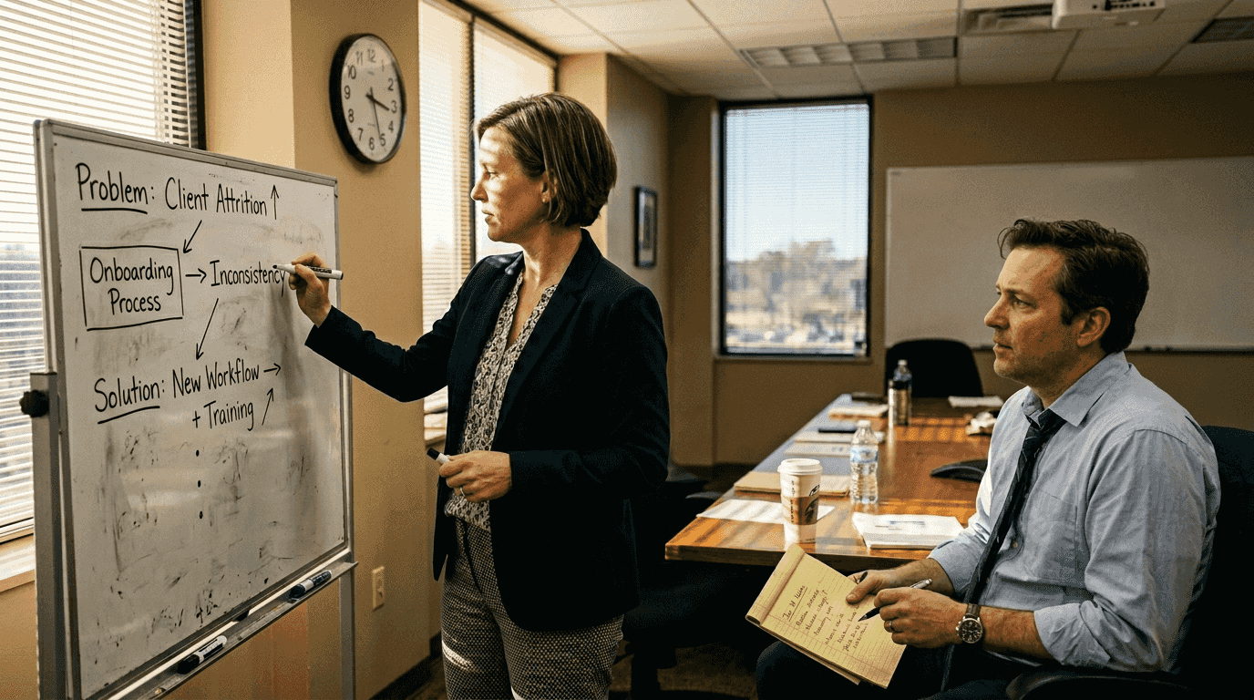 Businesswoman presenting problem-solution on whiteboard