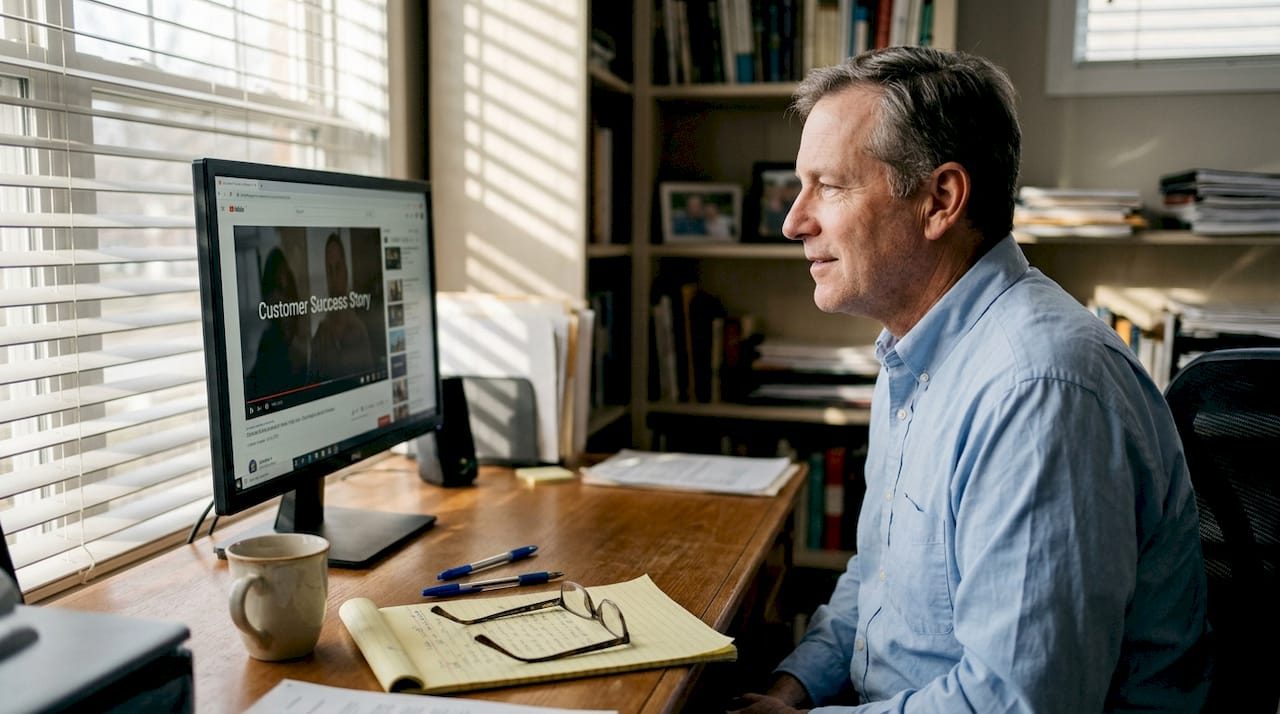 Executive reviews customer testimonial video