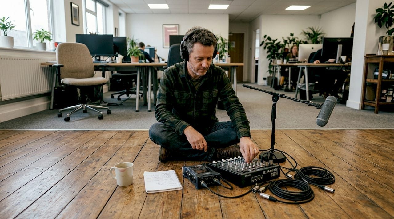 Technician adjusting audio mixer during shoot setup