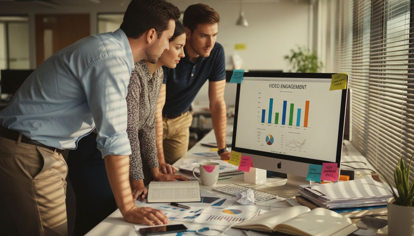 Business team analyzing video engagement results