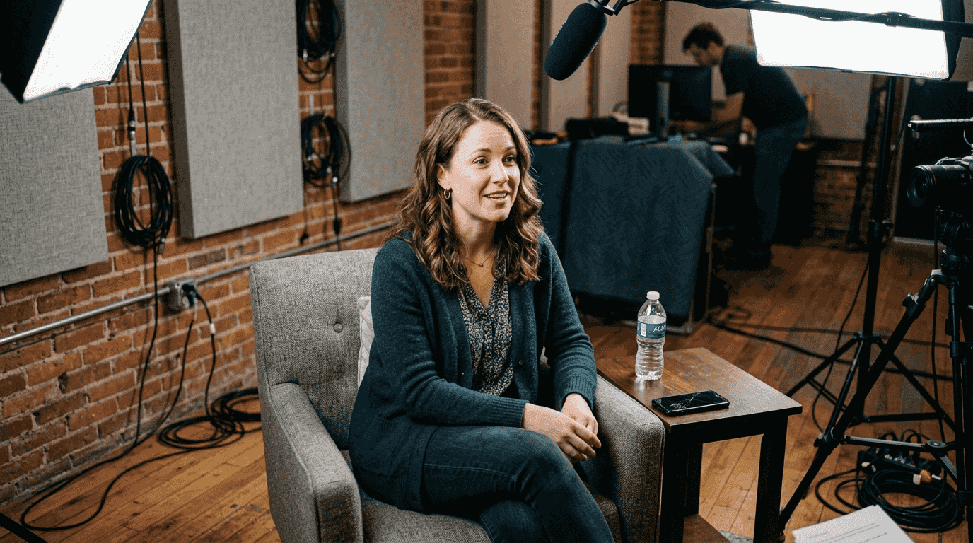 Customer giving testimonial in studio setting