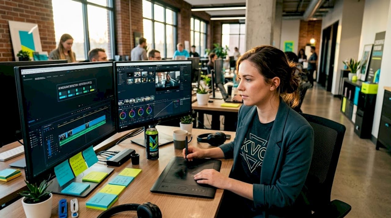 Marketer edits video with AI on dual monitors