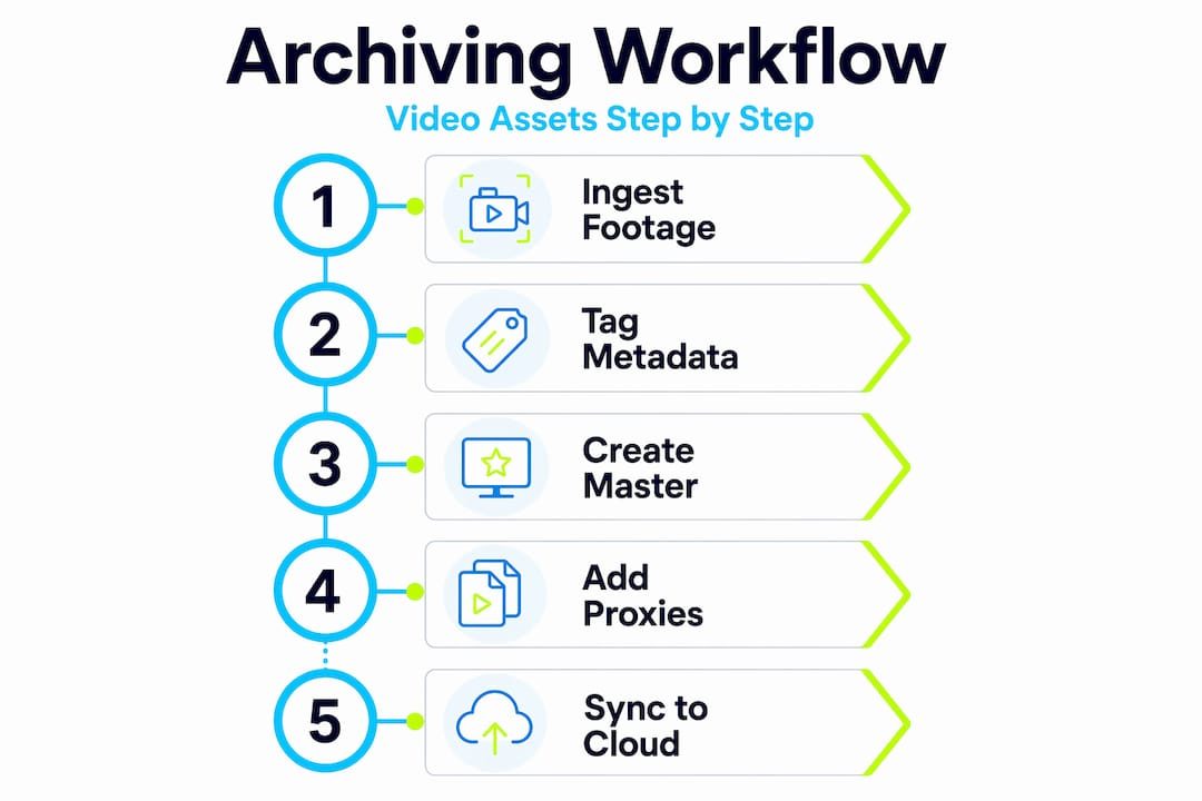 Vertical flow infographic showing video archiving workflow