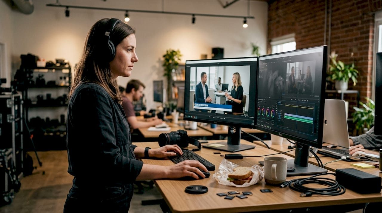 Videographer editing business interview footage