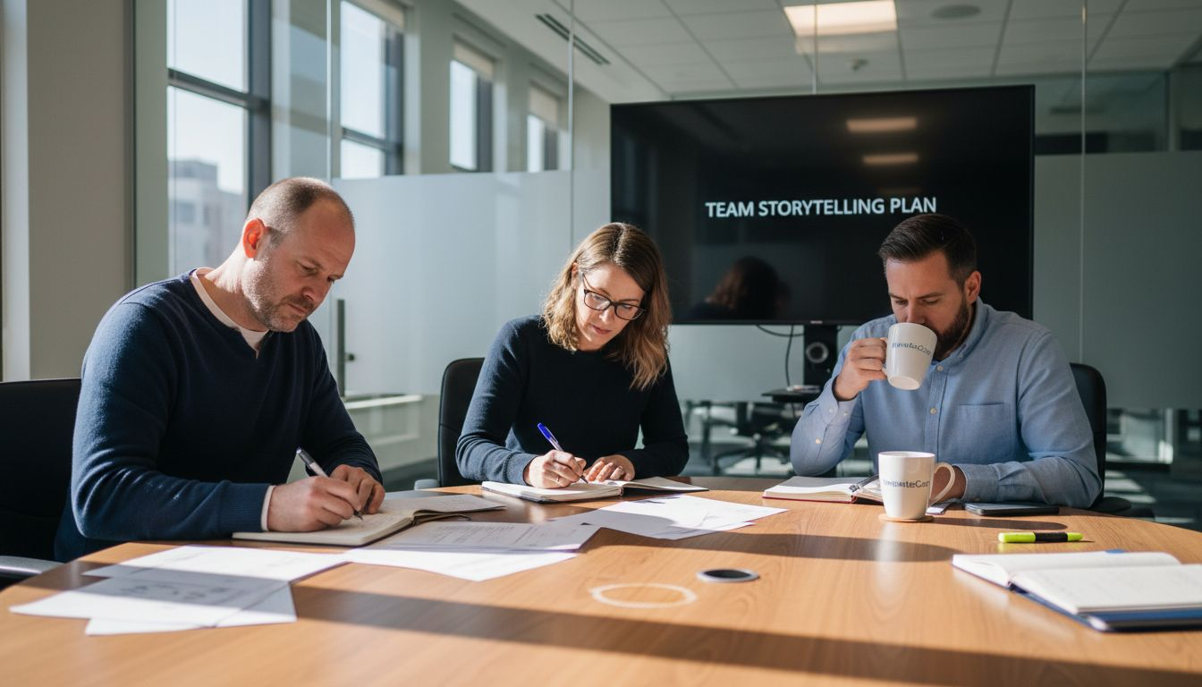 Coworkers brainstorming at round office table