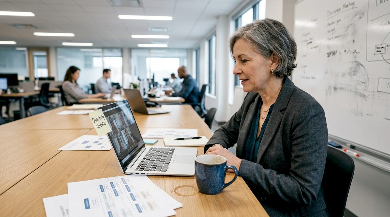 Executive engaged in corporate video call in workspace