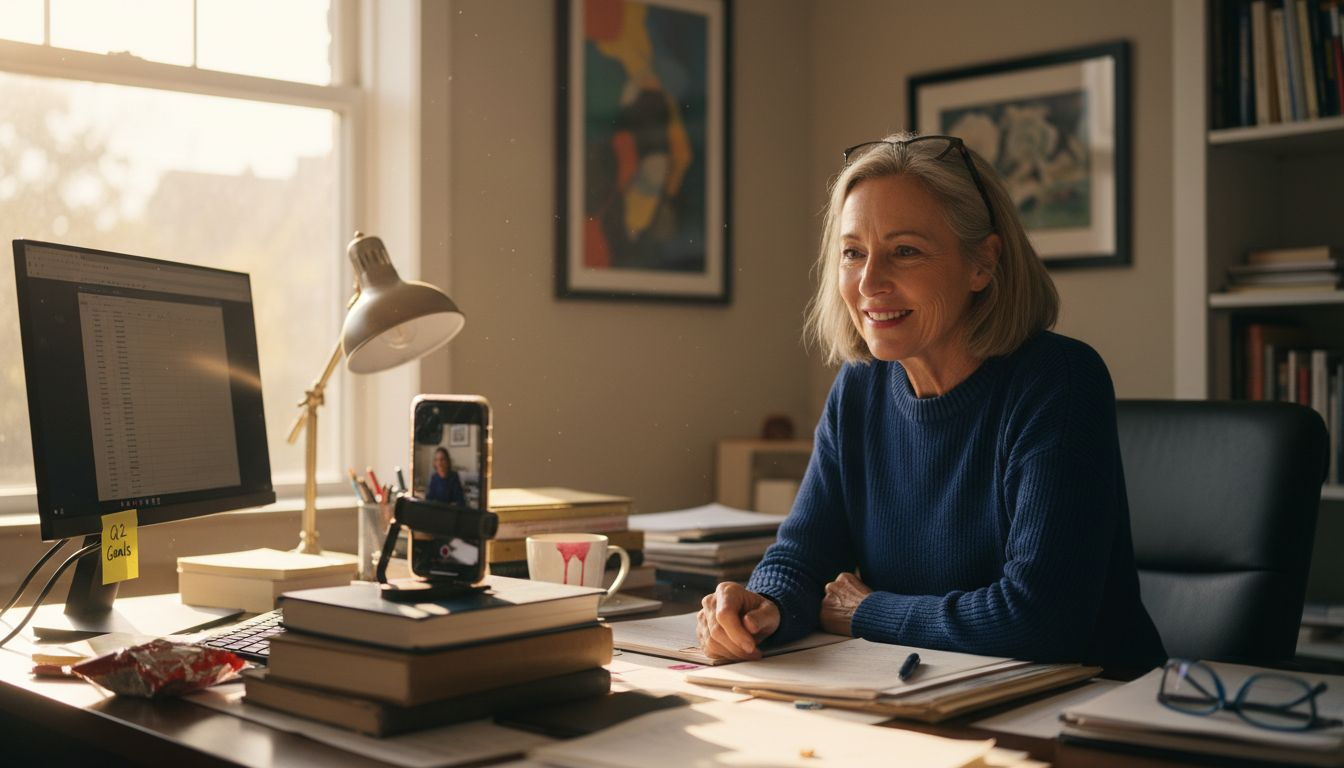 Manager recording leadership video at messy desk